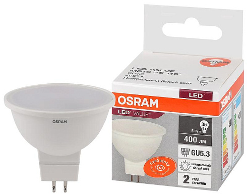 Лампа светодиодная LED Value MR16 5W/840 230V GU5.3 10X1 | 4058075582422 | OSRAM