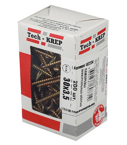 Саморезы универсальные 30х3,5 мм (200 шт) желтые - коробка с окном ( 0,253 кг) | 102234 | Tech-KREP