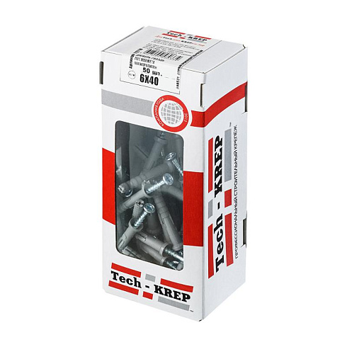 Дюбель-гвоздь 6х40 пот. манжета (полипропилен) (50 шт) - коробка с окном ( 0,193 кг) | 112710 | Tech-KREP