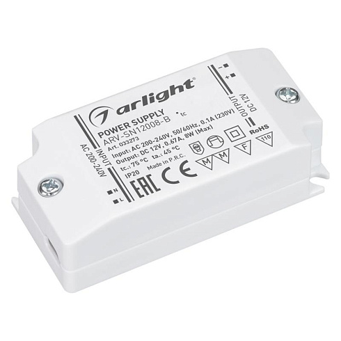 Блок питания ARV-SN12008-B (12V, 0.67A, 8W) (Arlight, IP20 Пластик, 3 года) | 033273 | Arlight