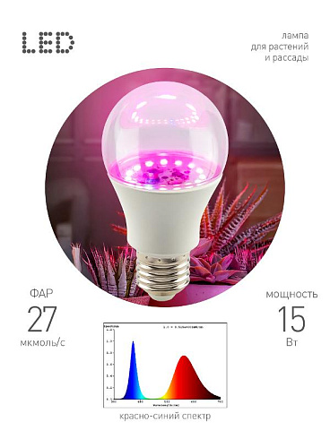 Фитолампа для растений светодиодная  GREEN LINE ФИТО A60-15W-PL-E27-GR красно-синего спектра 15 Вт Е27 | Б0064548 | ЭРА
