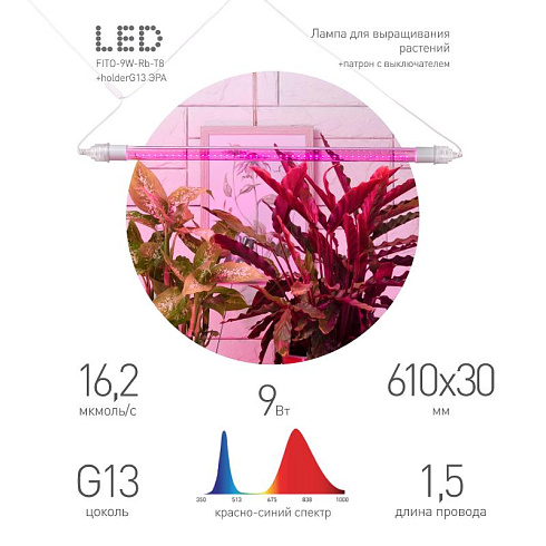 Светильник для растений, фитолампа светодиодная линейная  FITO-9W-Rb-Т8+FITO-Holder IP65 2хG13 с выключателем, 1.5м | Б0069515 | ЭРА
