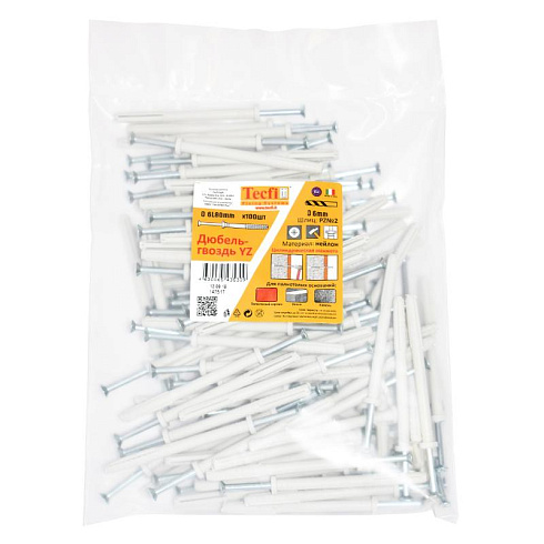 Дюбель-гвоздь YZ цилиндр. манжета нейлон 6x80 (100 шт)- пакет | 147517 | Tecfi