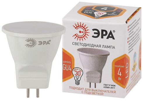 Лампа светодиодная  MR11-4W-827-GU4 (диод, софит, 4Вт, тепл, GU4) (10/100/8000) | Б0049065 | ЭРА