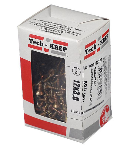 Саморезы универсальные 12х3,0 мм (500 шт) желтые - коробка с окном ( 0,209 кг) | 102223 | Tech-KREP