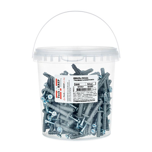 Дюбель-гвоздь 6х40 гриб. манжета (полипропилен) (150 шт) - ведро ( 0,576 кг) | 101989 | Tech-KREP