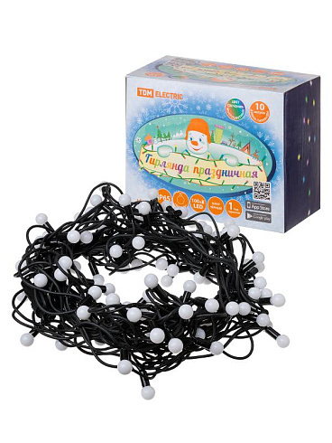 Гирлянда светодиодная "Шарики" 100LED, 10м, многоцвет., каучук чер., посл.подключ., 250 В, IP65, | SQ0361-0065 | TDM ELECTRIC