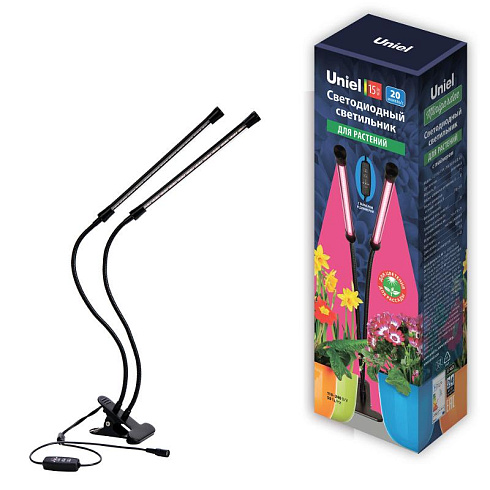 Светильник светодиодный для растений с таймером, на прищепке ULT-P33-15W/SPSB/TM IP40 BLACK спектр для рассады и цветения | UL-00004735 | Uniel