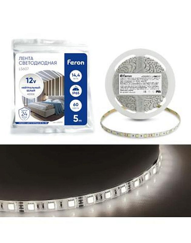 Лента светодиодная, 60SMD(5050)/m 14.4W/m 12V 5m 4000К, LS607 FERON | 48290 | FERON