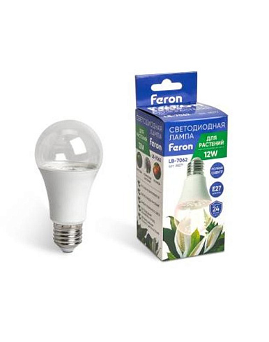 Лампа светодиодная для растений, А60 (12W) 230V E27, полный спектр LB-7062 | 38277 | FERON