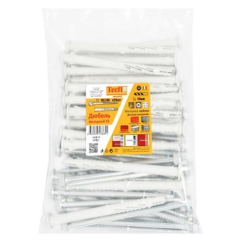 Дюбель фасад. с шурупом шест.гол. с шлицем TORX прессшайба 10x140 (25 шт) - пакет | 147651 | Tecfi