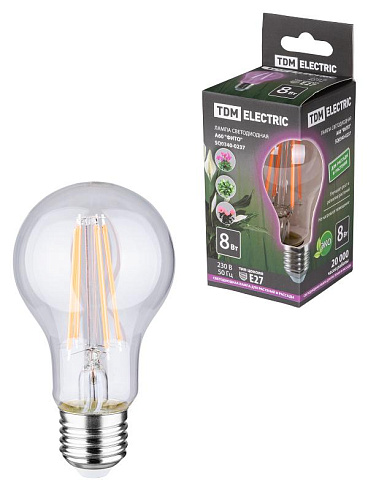 Лампа светодиодная для растений A60-8 Вт-230 В-E27-CL "ФИТО" 60*108 мм | SQ0340-0237 | TDM