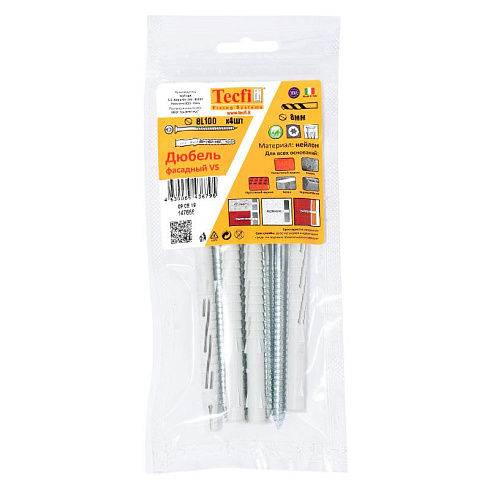 Дюбель фасадн. c шурупом потайн. гол с шлицем TORX 8x100 (4 шт) - пакет | 147666 | Tecfi