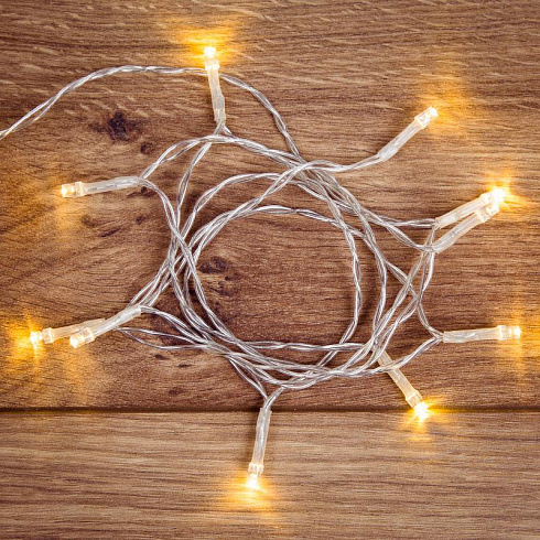 Гирлянда светодиодная универсальная 10 LED, 1,2 метра, прозрачный ПВХ, теплое белое свечение, батарейки 2хАА | 303-073 | NEON-NIGHT