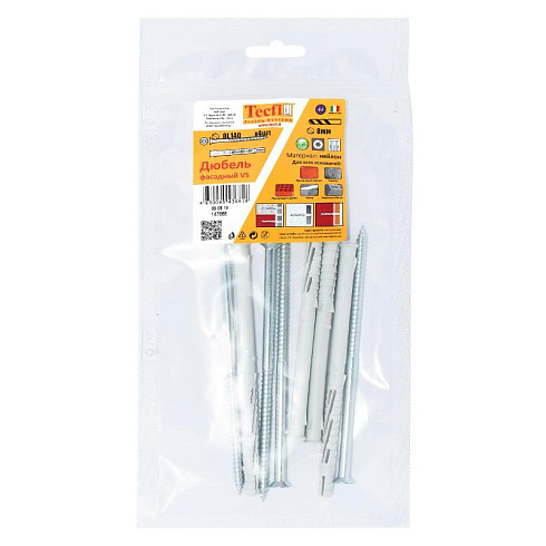 Дюбель фасадн. c шурупом потайн. гол с шлицем TORX 8x140 (4 шт) - пакет | 147668 | Tecfi