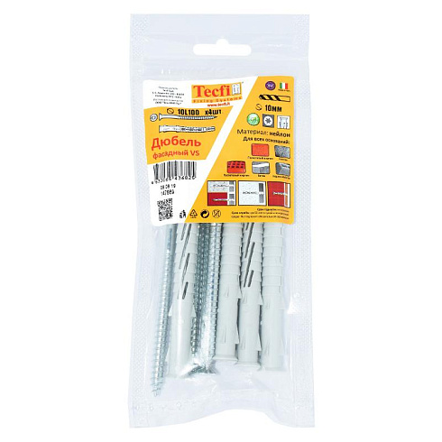 Дюбель фасадн. c шурупом потайн. гол с шлицем TORX 10x100 (4 шт) - пакет | 147669 | Tecfi