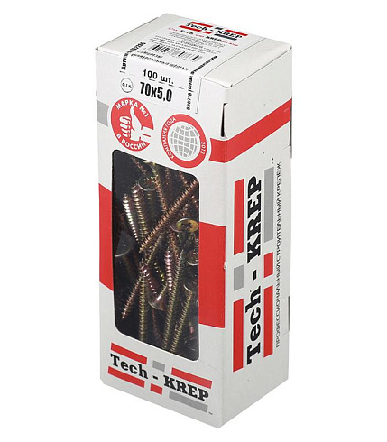 Саморезы универсальные 70х5,0 мм (100 шт) желтые - коробка с окном ( 0,536 кг) | 102265 | Tech-KREP