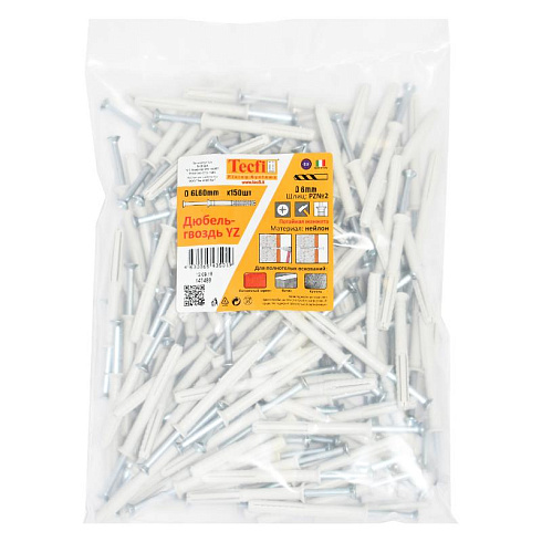 Дюбель-гвоздь YZ потайн. манжета нейлон 6x60 (150 шт) - пакет | 147488 | Tecfi