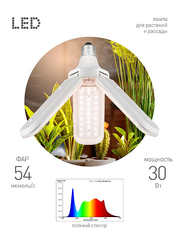 Фитолампа для растений светодиодная  GREEN LINE ФИТО-30W-PFR-E27-GR 3-х лепестковая полного спектра 30 Вт Е27 | Б0064518 | ЭРА