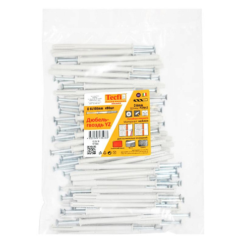 Дюбель-гвоздь YZ потайн. манжета нейлон 6x100 (80 шт) - пакет | 147490 | Tecfi