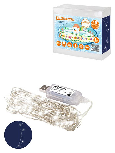 Гирлянда светодиодная "Роса 100-Д" 10 м, 100LED, белый, ПДУ, USB, IP20, | SQ0361-0089 | TDM