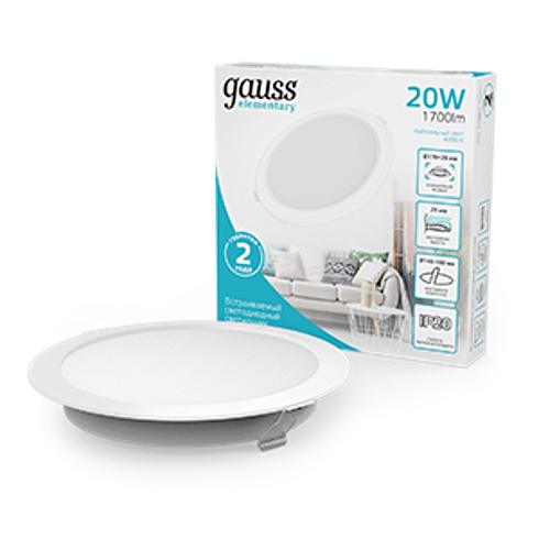 Светильник Gauss Elementary Downlight круг 20W 1700lm 4000K 170-260V IP20 170*26 белый LED 1/60 |997420218 | Gauss