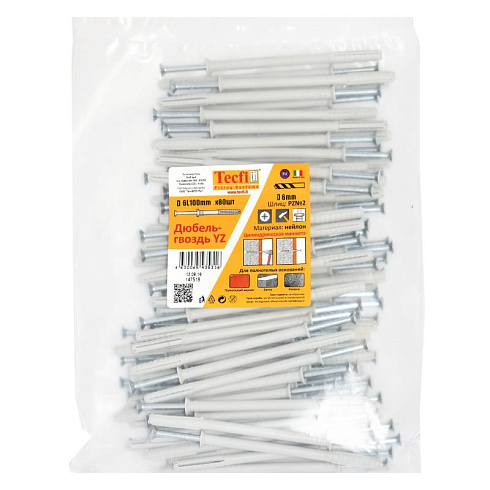 Дюбель-гвоздь YZ цилиндр. манжета нейлон 6x100 (80 шт)- пакет | 147518 | Tecfi