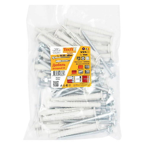 Дюбель фасад. с шурупом шест.гол. с шлицем TORX прессшайба 10x100 (30 шт) - пакет | 147649 | Tecfi