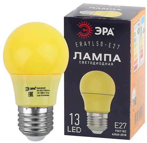 Лампы cветодиодные ERAYL50-E27 LED A50-3W-E27 (диод. груша желт., 13SMD, 3W, E27, для белт-лайт) (10/100/3600) | Б0049581 | ЭРА