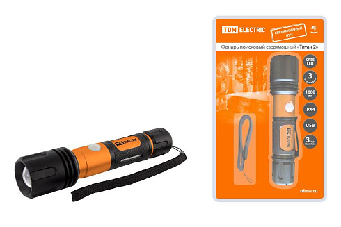 Фонарь налобный «Титан 2» 10 Вт 1 светодиод CREE 1000 лм, 1х18650 3.7 В 2200 мА*ч , IPX4, USB, | SQ0350-0061 | TDM