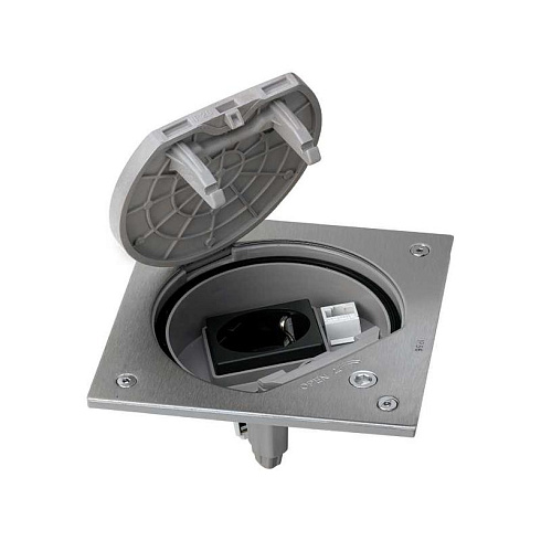 Влагостойкая основа IP66 с розеткой 2P+E Schuko К45 и коннектором RJ45 катег.5e UTP с замком,сталь | KSE15USEC-23-72 | Simon
