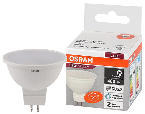Лампа светодиодная LED Value MR16 6W/865 230V GU5.3 10X1 | 4058075582668 | OSRAM