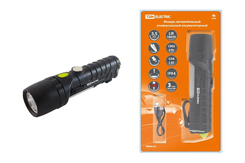 Фонарь автомобильный универс., 6 Вт CREE+3 Вт COB,1x18650 2200 мА*ч, магн., подвес, USB, стропорез, | SQ0350-0058 | TDM
