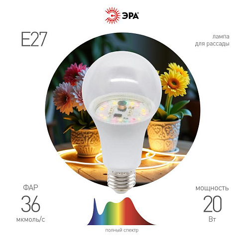 Фитолампа для растений светодиодная  GREEN LINE ФИТО A65-20W-PFR-E27-GR 20 Вт полного спектра | Б0068577 | ЭРА